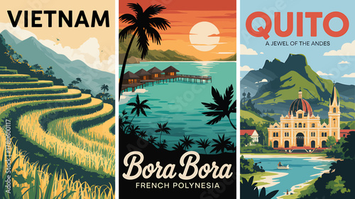 Collection of World Travel Destinations Featuring Vietnam Rice Terraces Bora Bora Overwater Bungalows and Quito Architecture