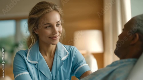female nurse checking on patient’s mental state during routine visit soft hum clinic compassionate care three quarter wide angle cinematic color correction gentle backlight