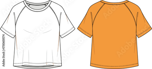 Women’s raglan crop top, short sleeves, seam detail, fashion flat sketch, front and back views, casualwear apparel illustration, garment design reference