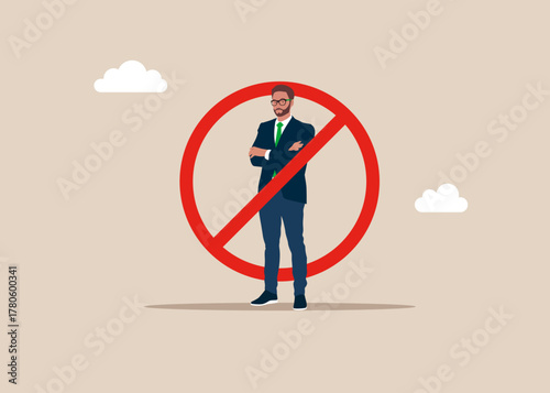 Bad worker man. Round sign with crossed businessman. Burnout from tiring work or demotivation from failure. No man entry. Vector flat illustration