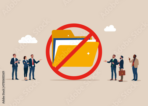Using folder is prohibited. Theft steal private data, user with key open huge folder with personal information. Folder with prohibition sign NO. Document is locked. Remove folder. App user interface. 