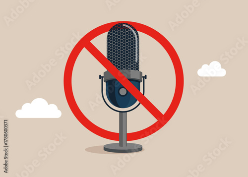 Stop propaganda. Press conference with journalist or reporter. Politicians talk, meeting and discuss problems. Microphone with prohibition sign NO. Vector flat illustration