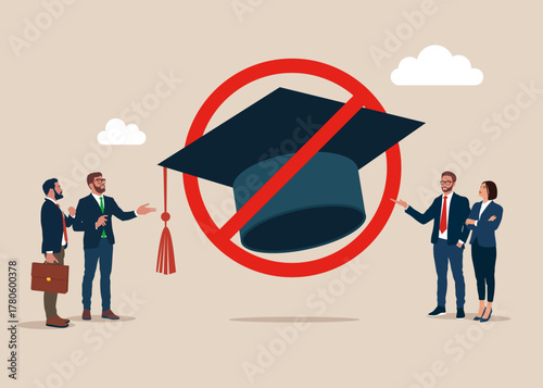 Education is prohibited. No graduation cap. Graduation cap with prohibition sign NO. No or Stop.  MBA. Vector flat illustration