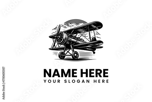 Hand-drawn sketch of a classic biplane. Vintage aviation transport emblem for a flying club logo template
