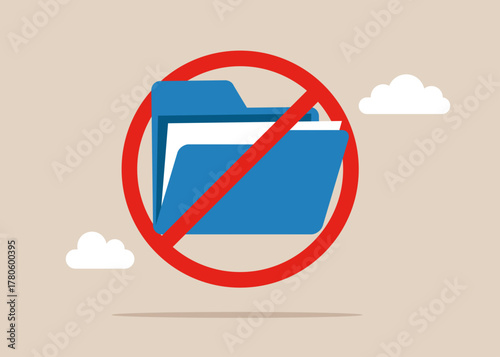 Using folder is prohibited. Folder with prohibition sign NO. Folder is locked. Remove folder. App user interface. Online data freedom. Vector flat illustration.