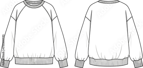 Women’s raglan sleeve sweatshirt, crew neckline, ribbed cuffs and hem, fashion flat sketch, front and back views, casualwear apparel design reference