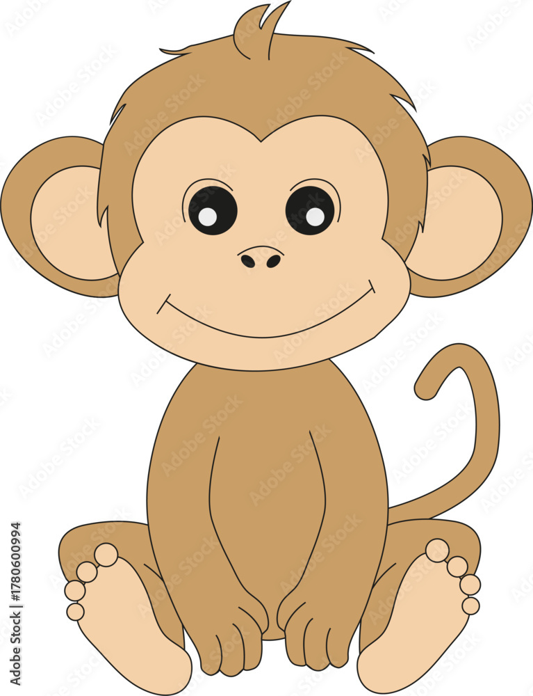 Fototapeta premium Cute cartoon monkey sitting, vector illustration for kids