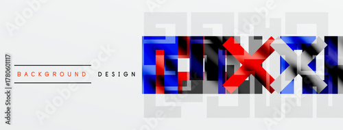 Abstract geometric design. Blue, red, gray squares overlap white backdrop. Text reads background design in upper corner.