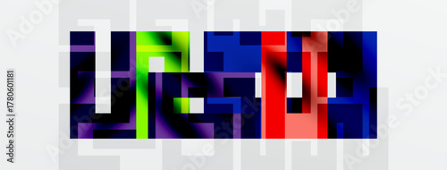 Abstract mosaic lettering spells USA. Vibrant colors blend, creating geometric patterns within white rectangular frame. Modern design.