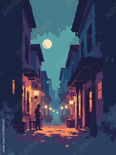 Western noir poster — high-contrast saloon alley with lantern glow and long shadows, moody grain, palette: midnight, amber, rust