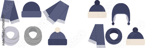 Winter Hats and Scarves in Various Styles and Colors Keywords: winter hat, scarf, beanie, earflap