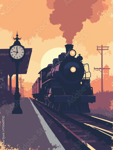 Train depot departure — steam locomotive silhouetted against sunrise with platform clock, vintage travel poster tone, palette: soot, copper, cream