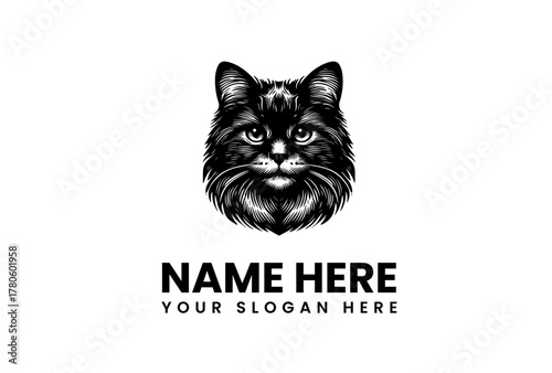 Black Cat Head Logo Template Featuring Detailed Fur and Design Elements for Branding or Business Identity