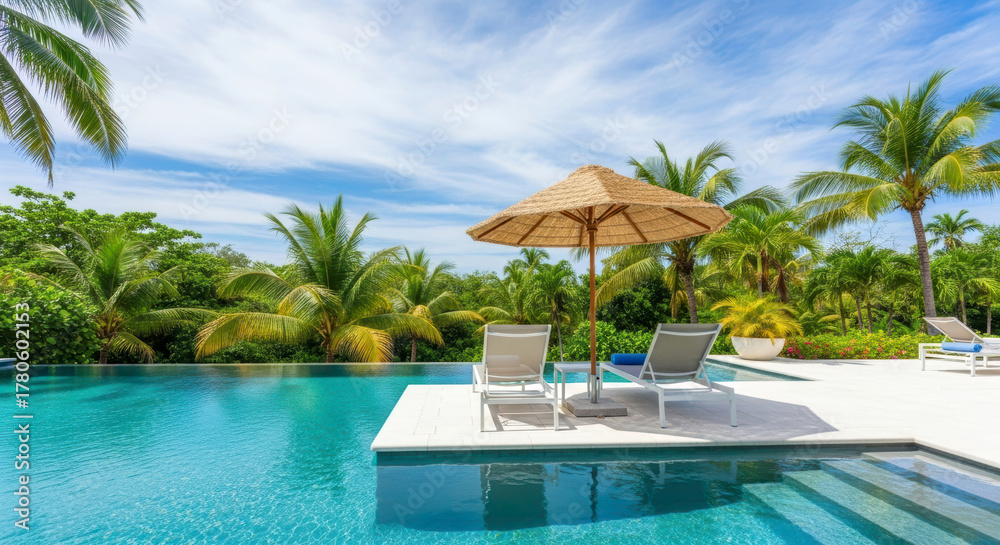 Fototapeta premium Stunning tropical infinity pool featuring sun loungers, straw umbrella, and clear azure water.