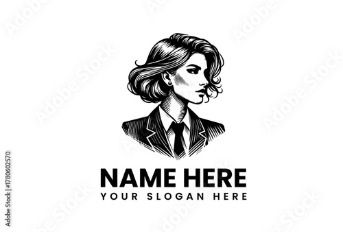 Striking Vintage Engraved Illustration of a Confident Businesswoman in a Tailored Suit and Tie, Ideal for Professional Branding and Identity