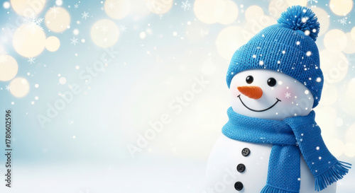 Cheerful Snowman in Blue Hat and Scarf with Festive Bokeh Christmas Background