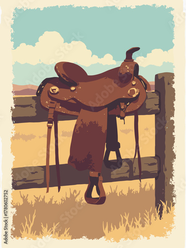 Polaroid ranch snapshot — instant photo frame of a saddle hung on fence, warm fade and white border, no people