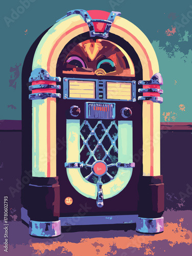Jukebox at the corral — chrome jukebox with cowboy boot reflections, neon rim, terrazzo floor, no people