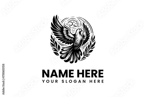 Vintage Engraved Dove Logo with Laurel Wreath - Symbol of Peace, Freedom, and Victory. Elegant Vector Emblem Design for Brand Identity