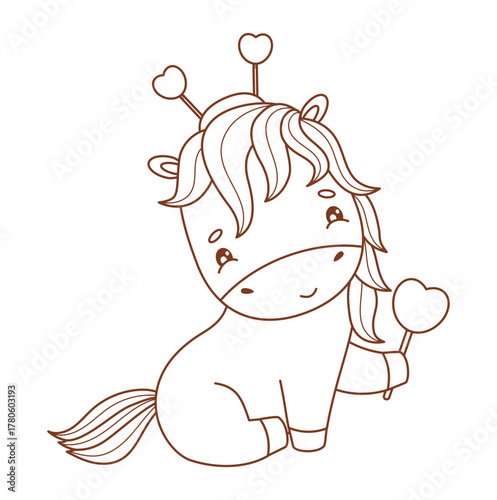 Outline Romantic Cute Pony valentine with Hearts. Little Horse Kawaii Animal. Line drawing, coloring book. Vector illustration. Not AI