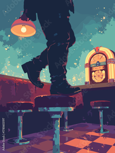 Retro diner boot-up — silhouette of cowboy boot on diner stool with jukebox glow, warm chrome highlights, no people