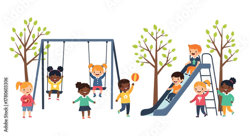 Happy diverse children playing together on a playground with a slide and swings. Multicultural kids having fun in a summer park