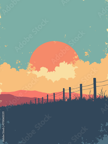 Retro searing horizon — flat-plane composition, long shadowed fence posts, filmic grain and cross-processed colors, no people