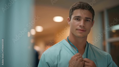 male healthcare worker wearing stethoscope preparing for night shift bright locker room muted chatter readiness three quarter wide angle cinematic color correction gentle