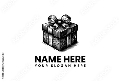 Elegant hand-drawn vintage gift box logo design illustration, perfect for special occasions, holiday branding, or celebration-themed businesses, featuring a rustic sketch style