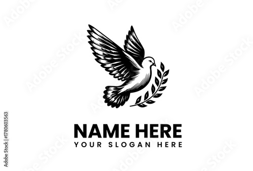 A striking black and white logo featuring a dove carrying a laurel branch, symbolizing peace and victory, suitable for branding and design