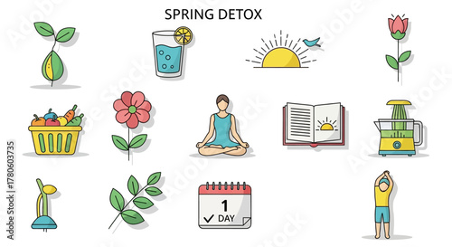 Spring Detox Icons Representing Healthy Lifestyle, Wellness, and Renewal