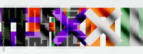 Abstract geometric composition. Bold colors intersect, creating dynamic visual texture. Modern design elements dominate image.