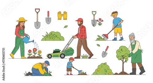 Happy Gardeners Cultivating Plants and Maintaining Lawns with Tools, Depicting Family Outdoor Hobbies and Seasonal Yard Work
