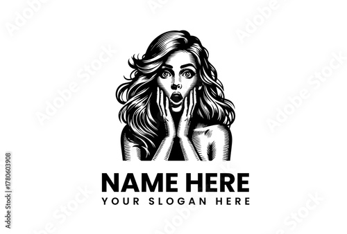 Black and White Illustration of a Woman with a Surprised Expression, Hands on Cheeks