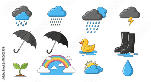 Weather Icons Rain, Clouds, Umbrellas, and Weather Elements for Various Design Applications