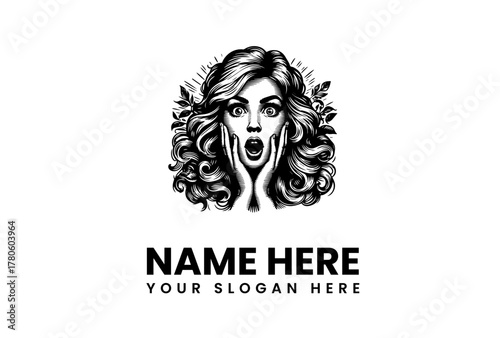 Surprised Woman Logo with Floral Accents - Unique Brand Identity for Expressive Businesses