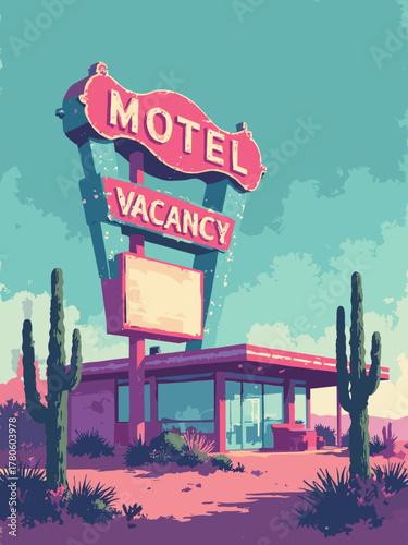 Retro desert motel sign — rotating neon 'Vacancy' and cacti shadows, grainy film texture, teal & magenta, no people