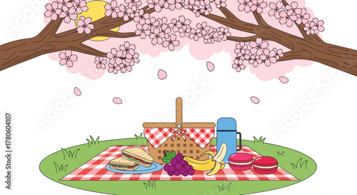 Spring picnic scene with cherry blossoms, basket, sandwiches, fruits, and macarons