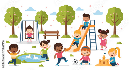 Children playing in the park with slides, swings, sandcastles, and trees