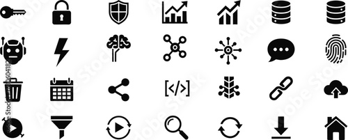 Collection of technology and security icons, including key, lock, shield, graph, database, robot, lightning, brain, molecule, fingerprint, trash, calendar, and share