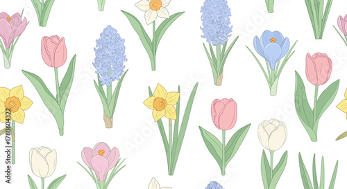 Seamless pattern of delicate spring flowers including tulips, daffodils, and hyacinths. Vector botanical illustration on a white background