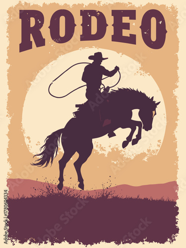 Rodeo poster — dynamic bucking bronco mid-air, lariat arc and stamped type area, high-contrast action, palette: saddle brown, cream, maroon