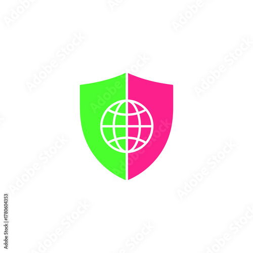 Shield protects globe representing international cybersecurity in vibrant colors against a white backdrop, symbolizing global digital safety and network security.