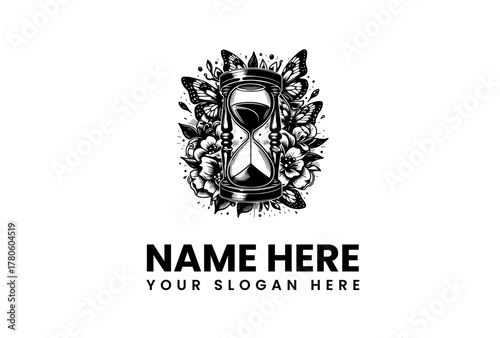Elegant hourglass emblem with blooming flowers and butterflies, symbolizing the passage of time and transformation. Vintage tattoo style vector illustration 88