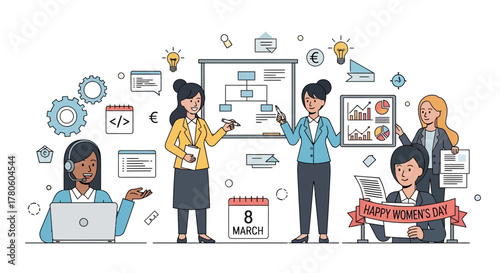 Professional businesswomen celebrating International Women's Day in a modern corporate office setting with work-related icons
