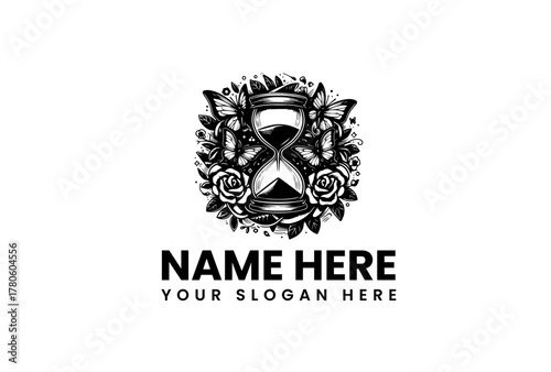 Whimsical Hourglass Emblem with Butterflies and Roses, Symbolizing Time's Beauty and Passage