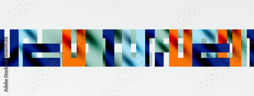 Abstract colorful blocks form horizontal bands. White space separates upper, lower sections. Geometric shapes dominate composition.