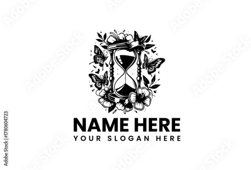 Vintage Hourglass Emblem with Butterfly and Floral Embellishments for Timeless Branding