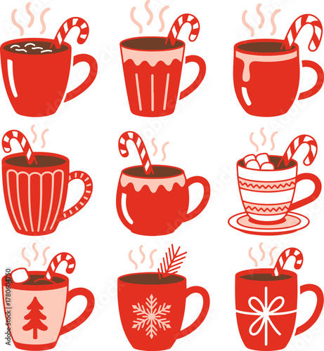 Hot cocoa with candy cane in red cup, minimalist vector illustration collection. Set icons festive holiday beverage. Seasonal Christmas hot chocolate with marshmallows. Cozy winter drinks clipart	