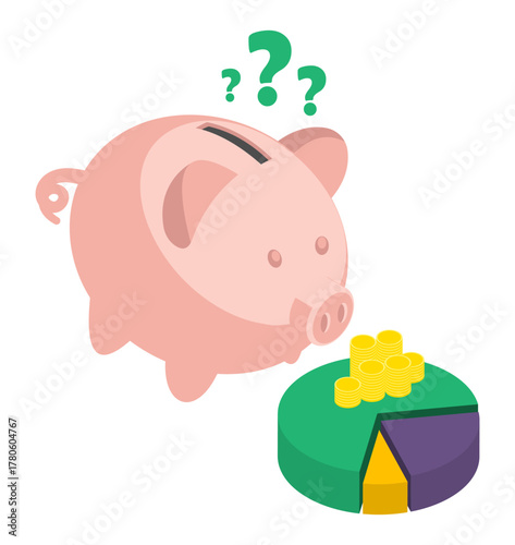 Isometric piggy bank looks at remaining budget in bewilderment and tries to distribute it in the necessary proportions. Isolated cartoon vector concept on white background top view